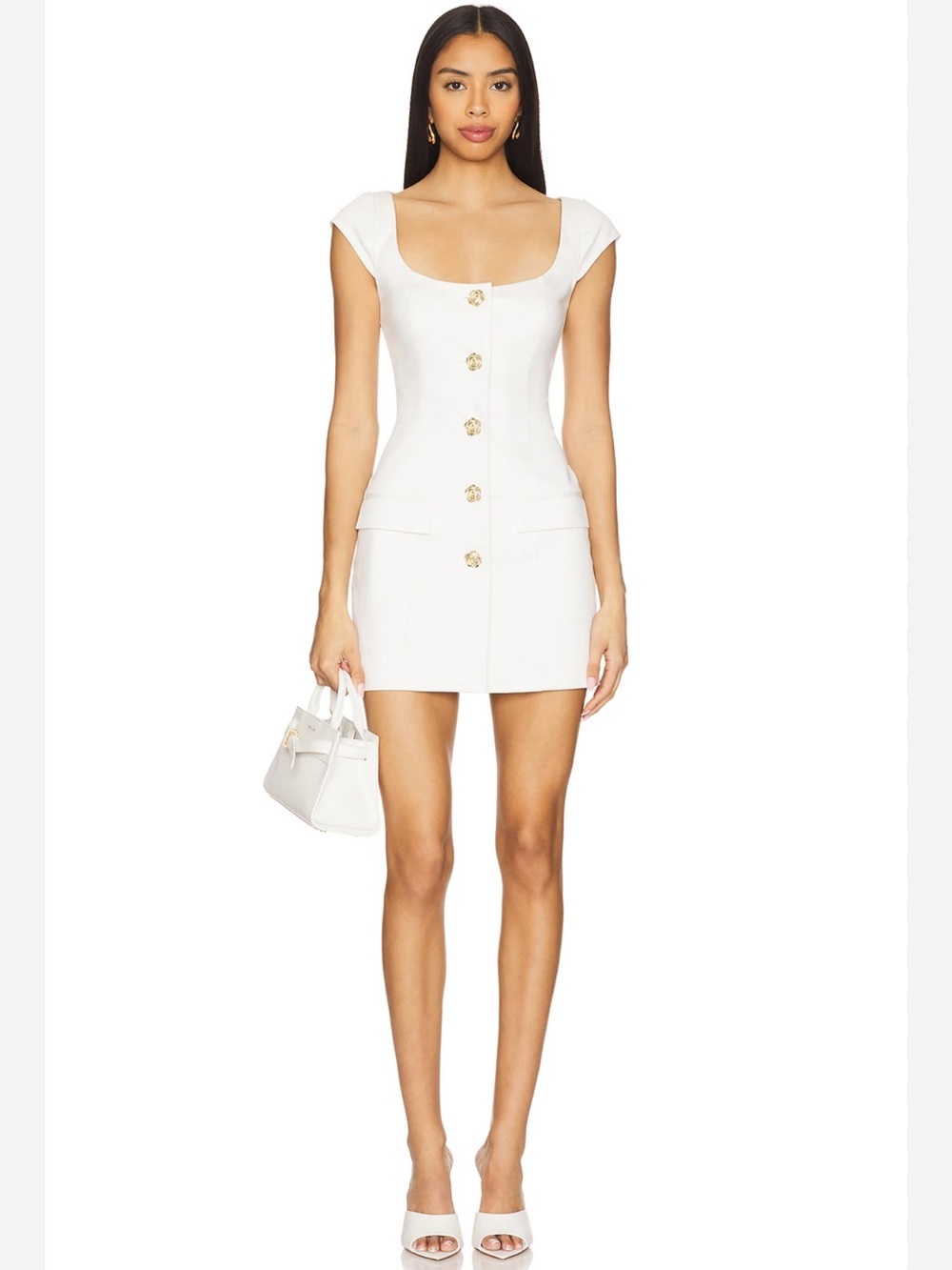 NWT MAJORELLE Genevieve White Short Sleeve Gold Rose Button Mini Dress REVOLVE - Picture 3 of 12